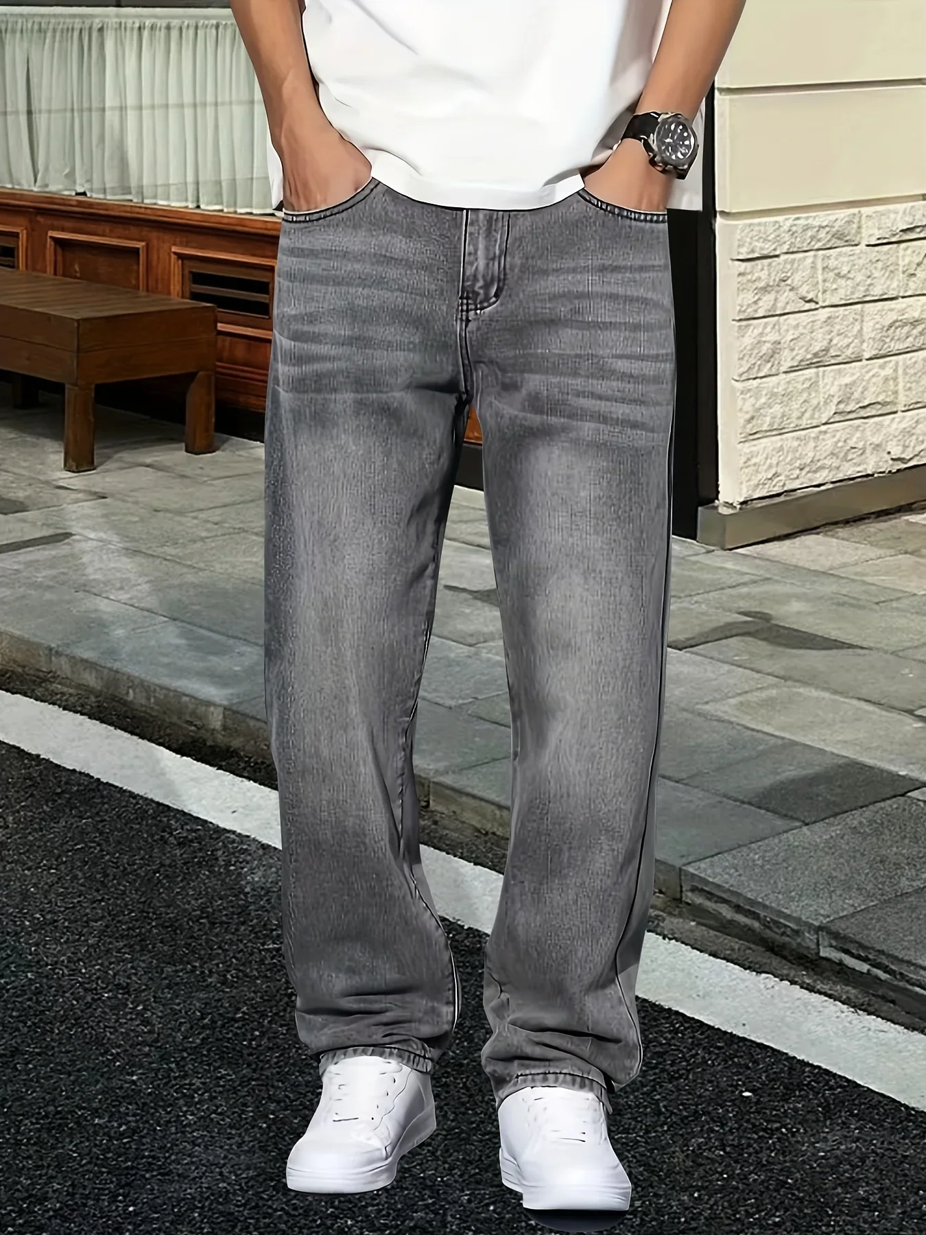 Men'S Fashion Grey Jeans - Calça jeans masculina cinza casual, lavável,