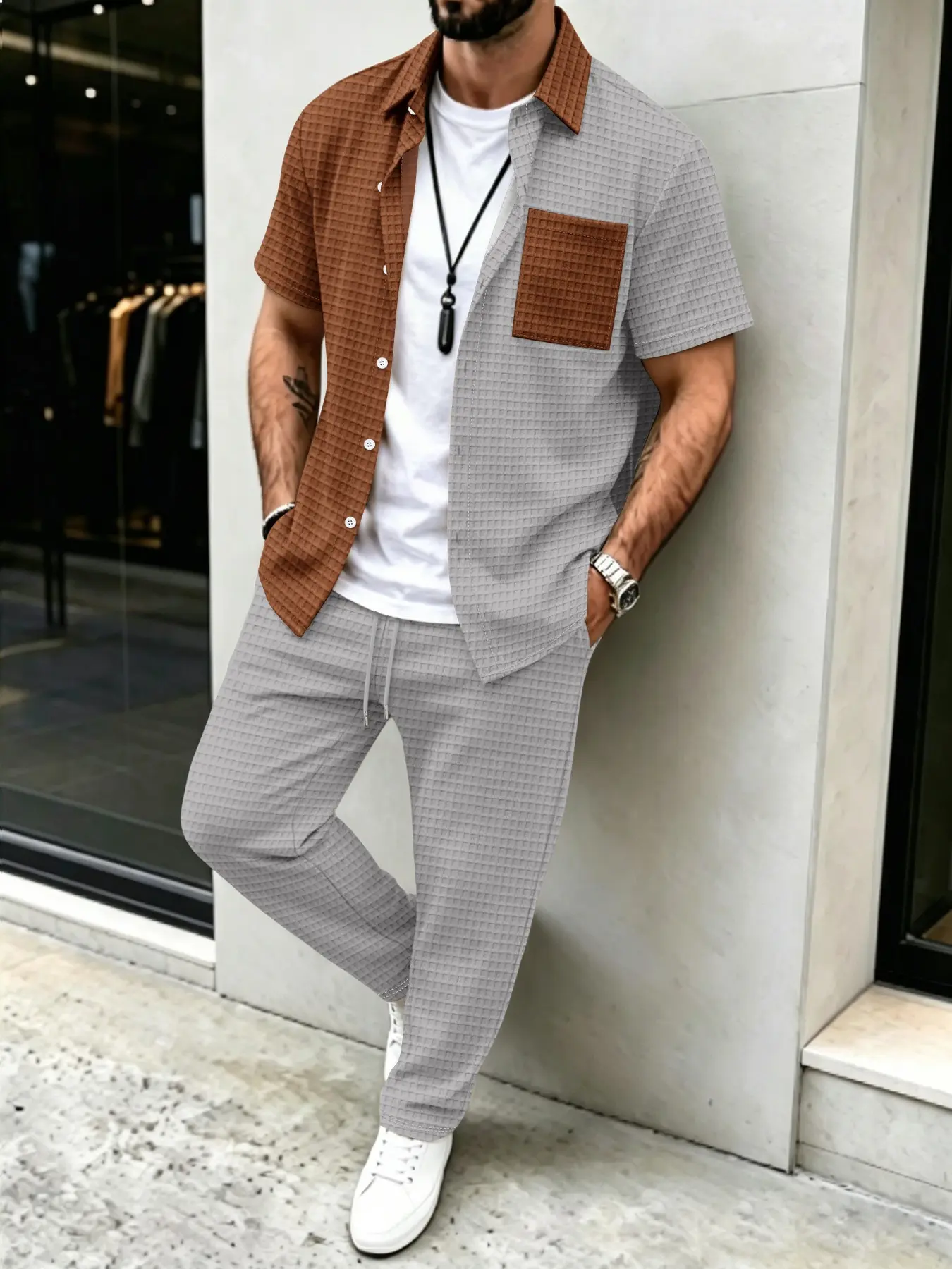 Mens Fashion Clothes - Conjunto Masculino Casual com Padrão Waffle