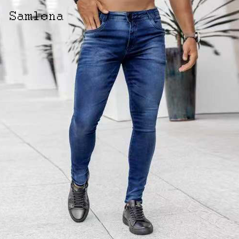 Men'S Fashion Grey Jeans - Samlona-Jeans jeans skinny masculino, calça demin