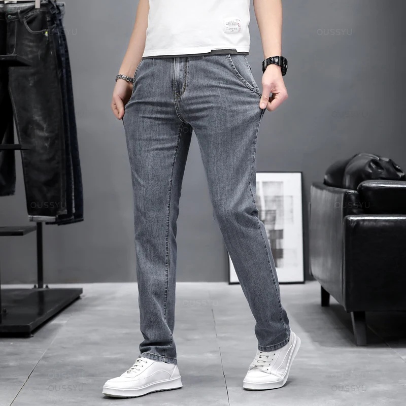 Calças de ganga skinny elástic - Men'S Fashion Grey Jeans avaliação e preço